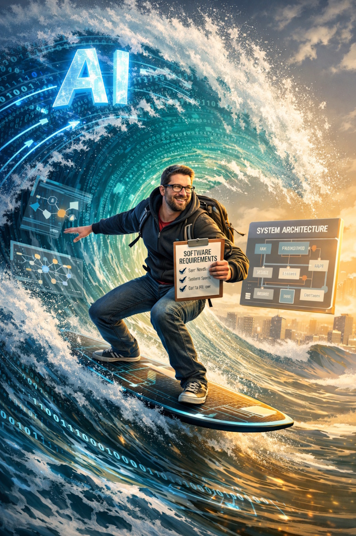 Confident programmer surfing the AI ​​wave (courtesy of ChatGPT).